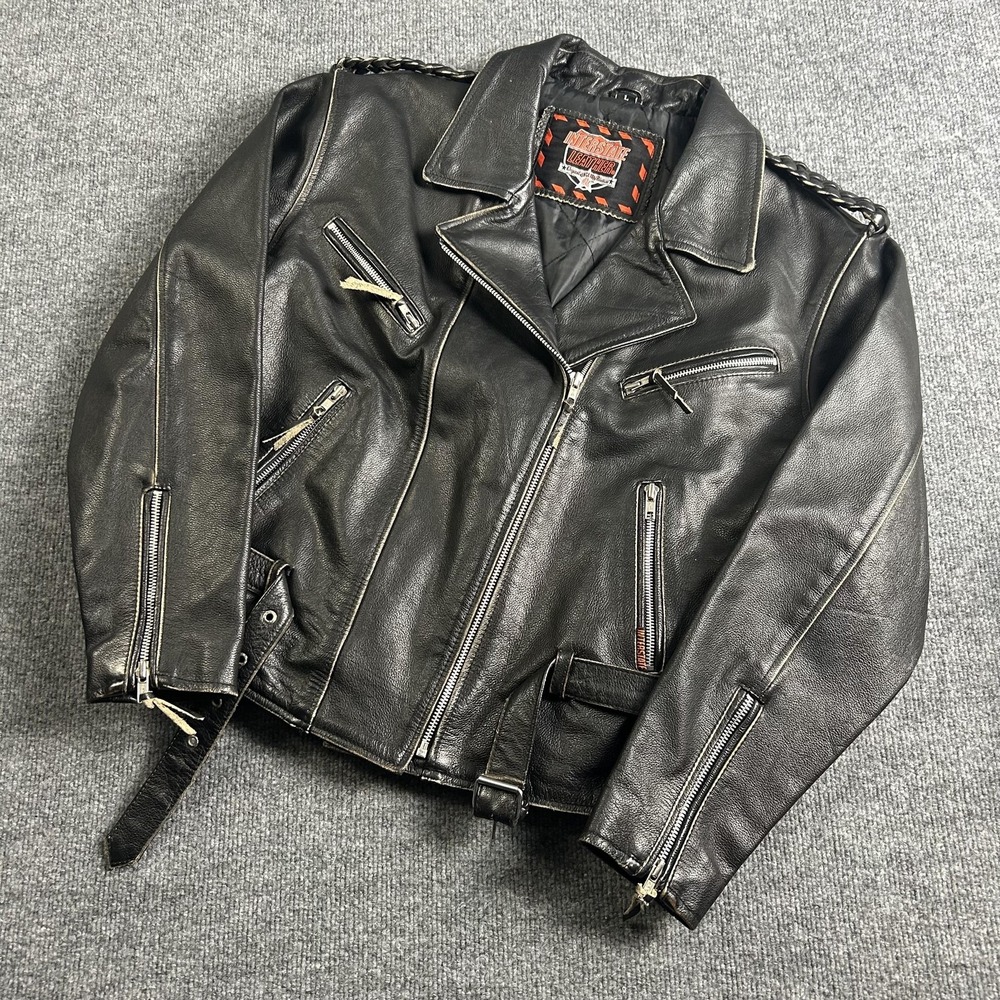 Interstate Leather Jacket Mens Large Black Motorcycle Biker Belted Zip Moto